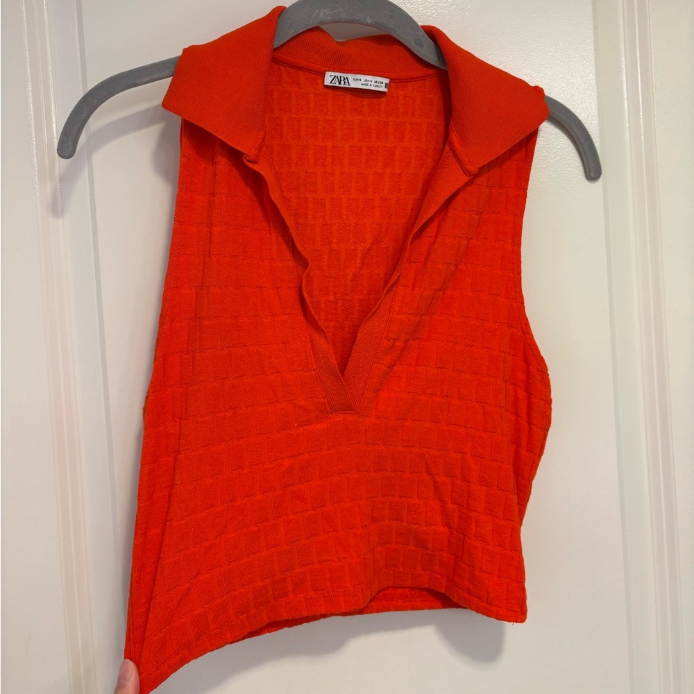 Zara V Neck Crop Textured Top Red-Orange (S)